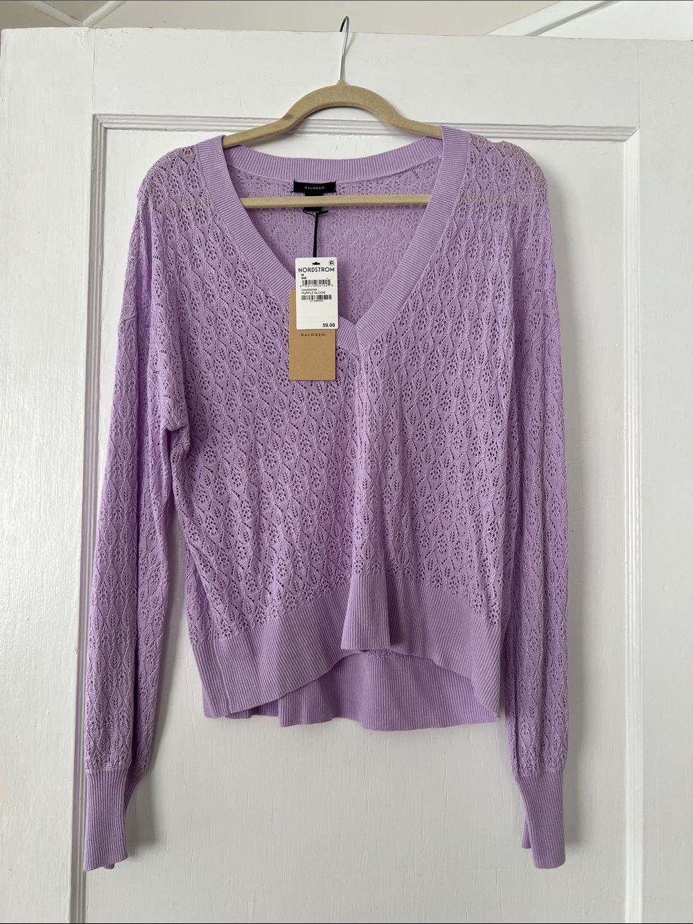 Halogen Purple Bloom Linen Blend Pointelle V-Neck Sweater M NWT